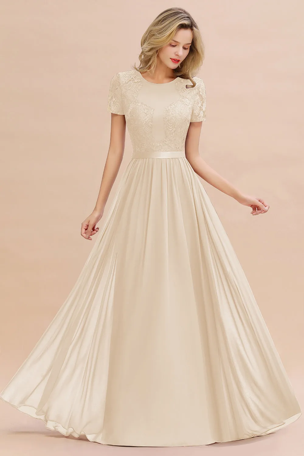 A-line Chiffon Lace Scoop Long Bridesmaid Dress with Sleeves