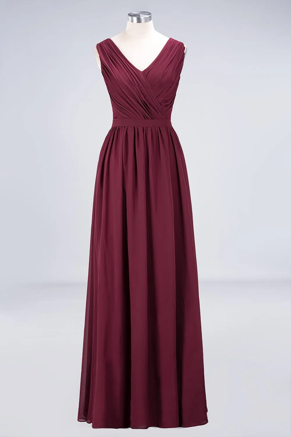 A-Line Chiffon Lace V-Neck Sleeveless Long Bridesmaid Dress with Ruffles