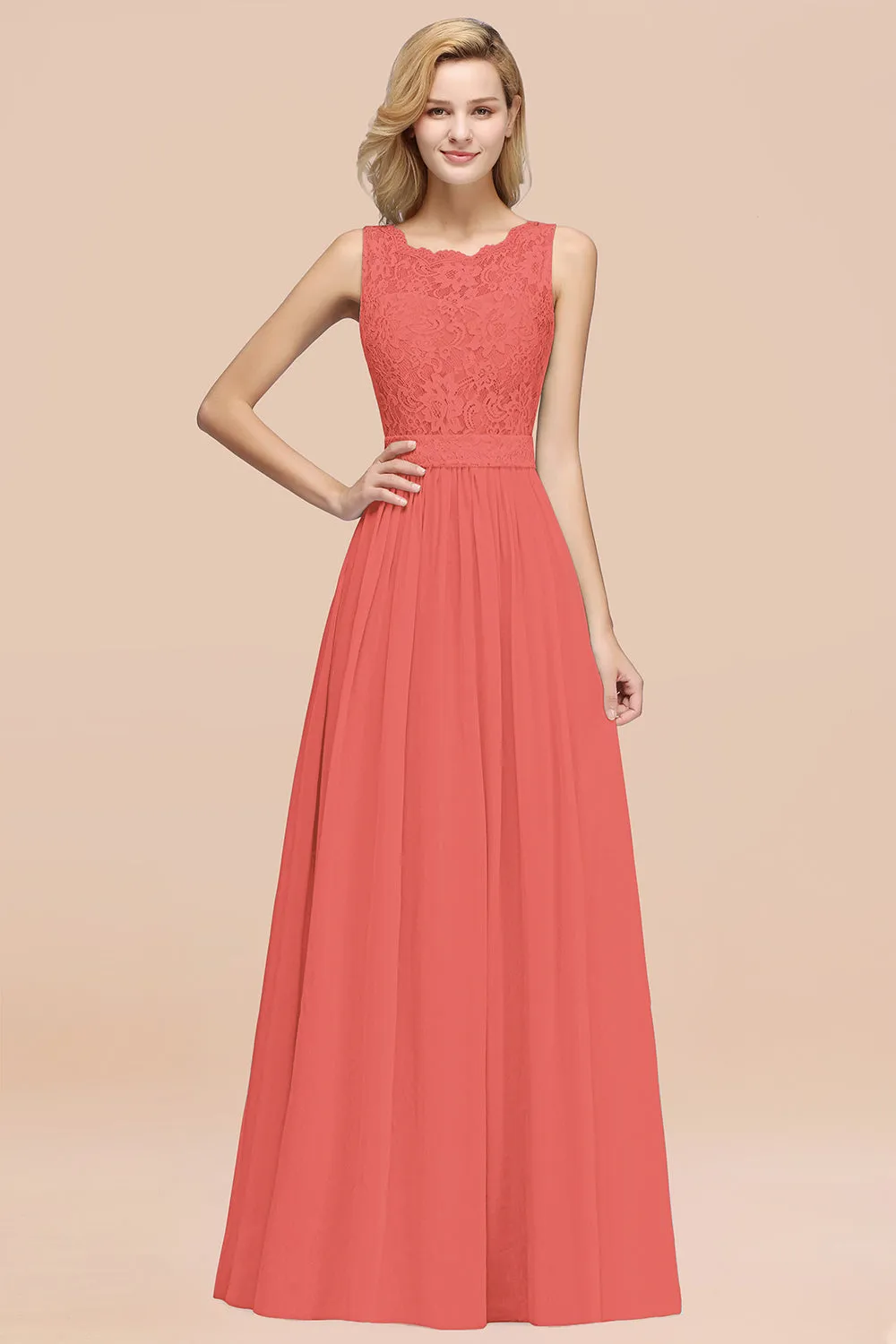 A-Line Lace Scalloped Chiffon Long Bridesmaid Dress with Ruffles