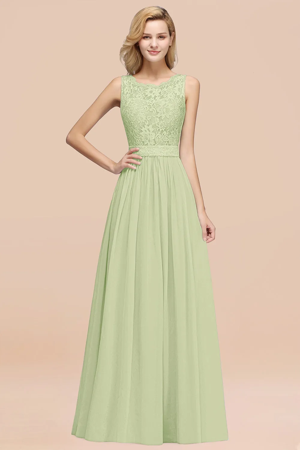 A-Line Lace Scalloped Chiffon Long Bridesmaid Dress with Ruffles