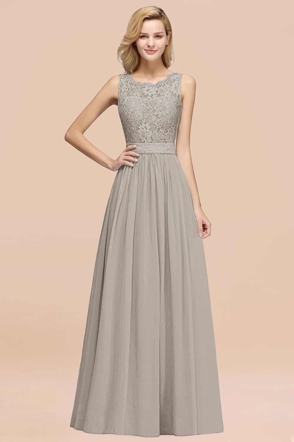 A-Line Lace Scalloped Chiffon Long Bridesmaid Dress with Ruffles