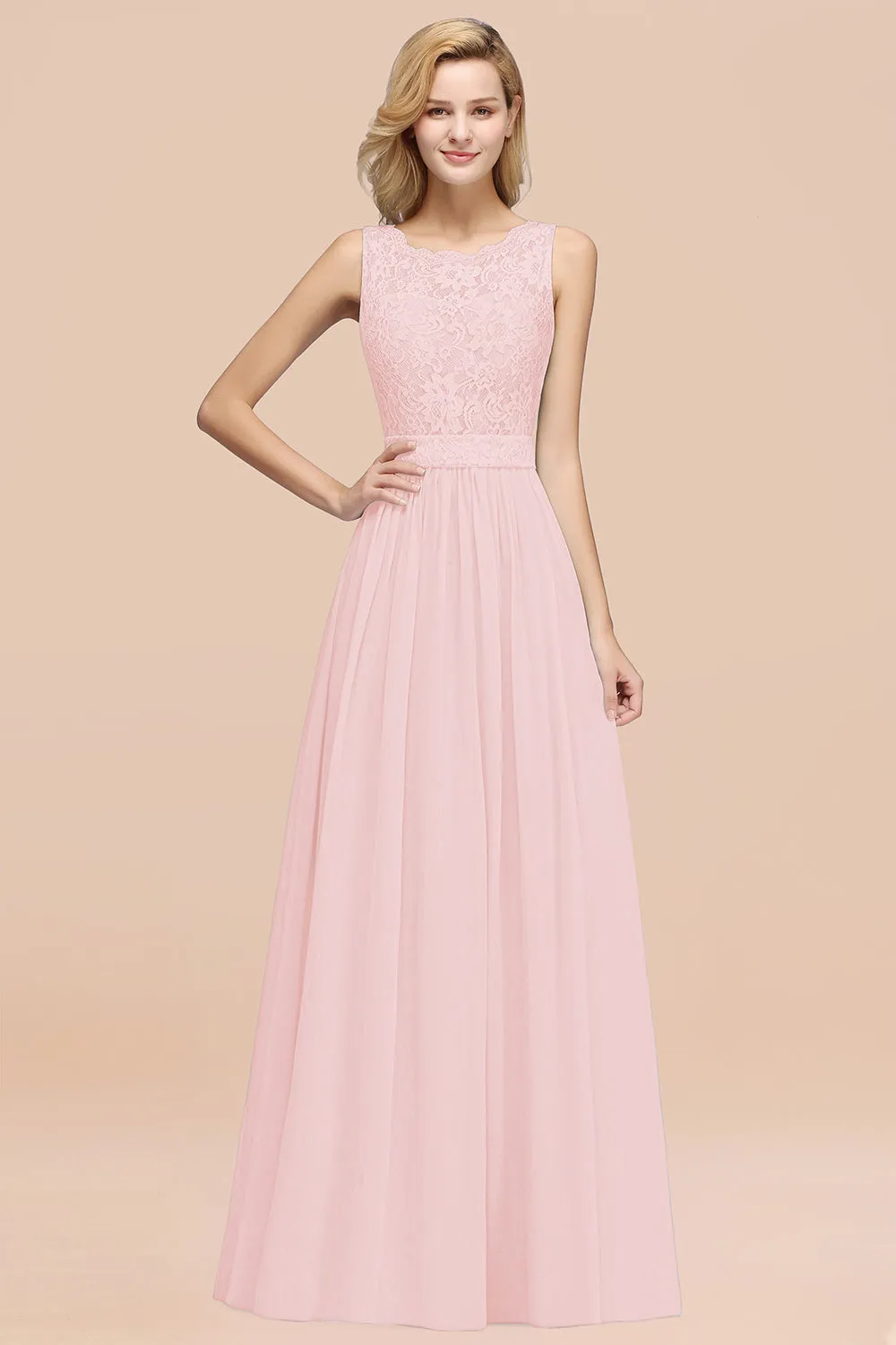 A-Line Lace Scalloped Chiffon Long Bridesmaid Dress with Ruffles