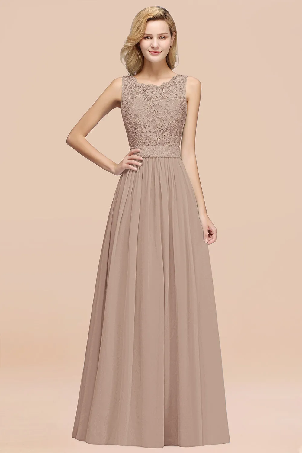 A-Line Lace Scalloped Chiffon Long Bridesmaid Dress with Ruffles