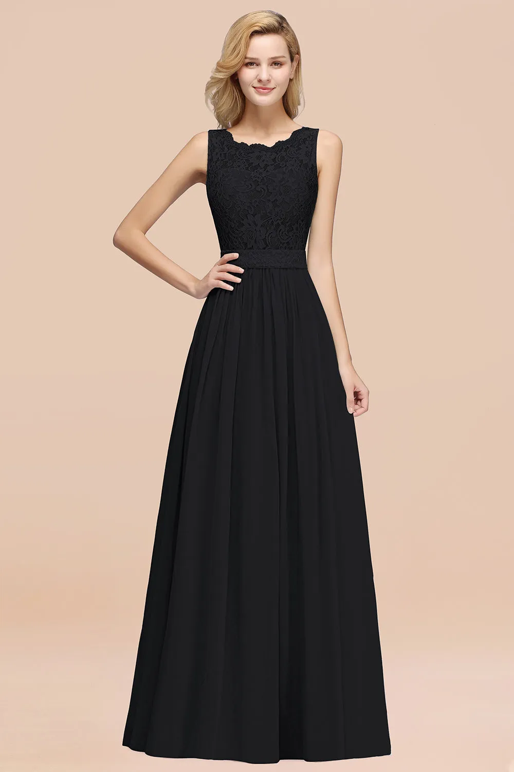 A-Line Lace Scalloped Chiffon Long Bridesmaid Dress with Ruffles