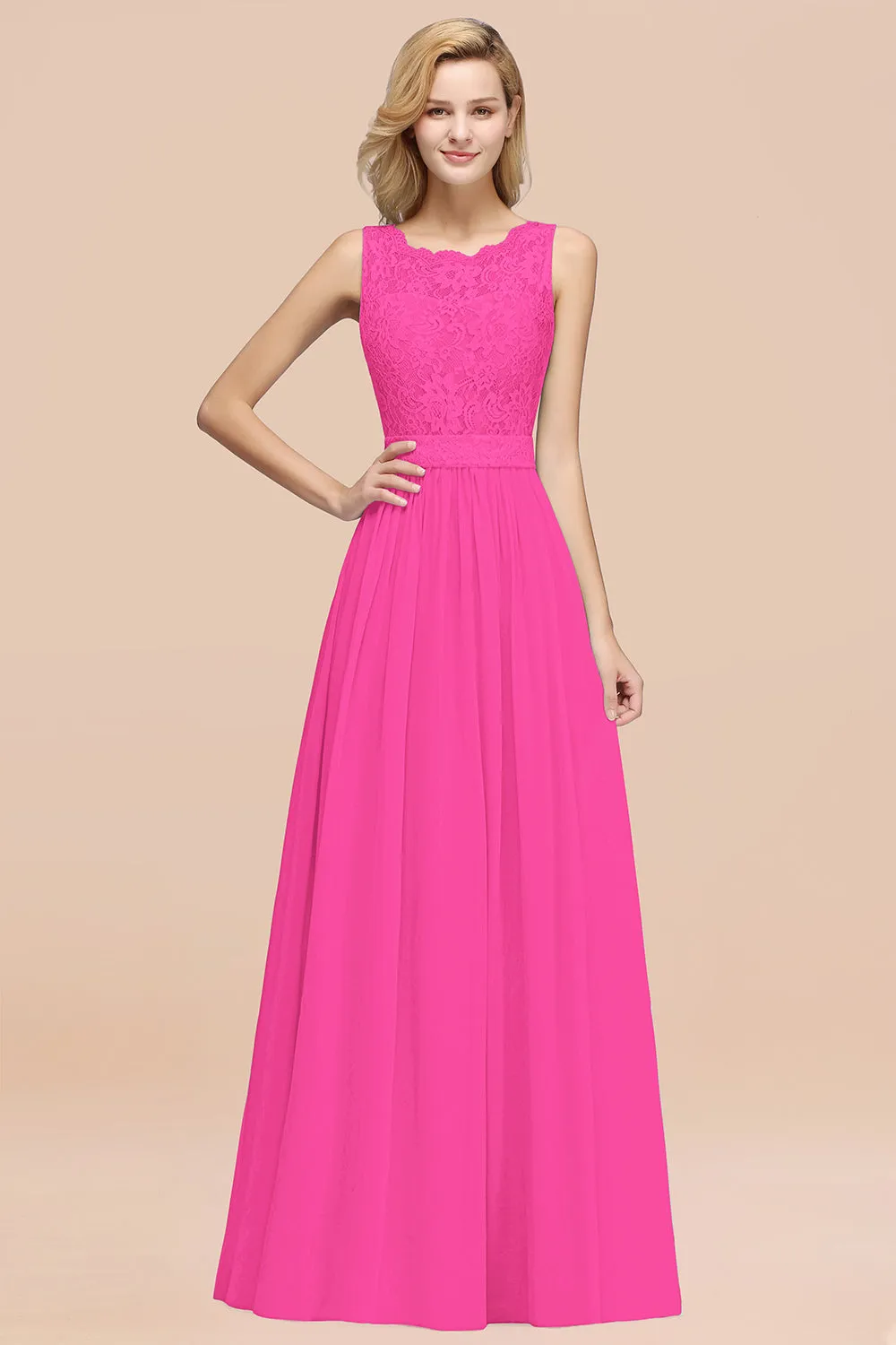 A-Line Lace Scalloped Chiffon Long Bridesmaid Dress with Ruffles