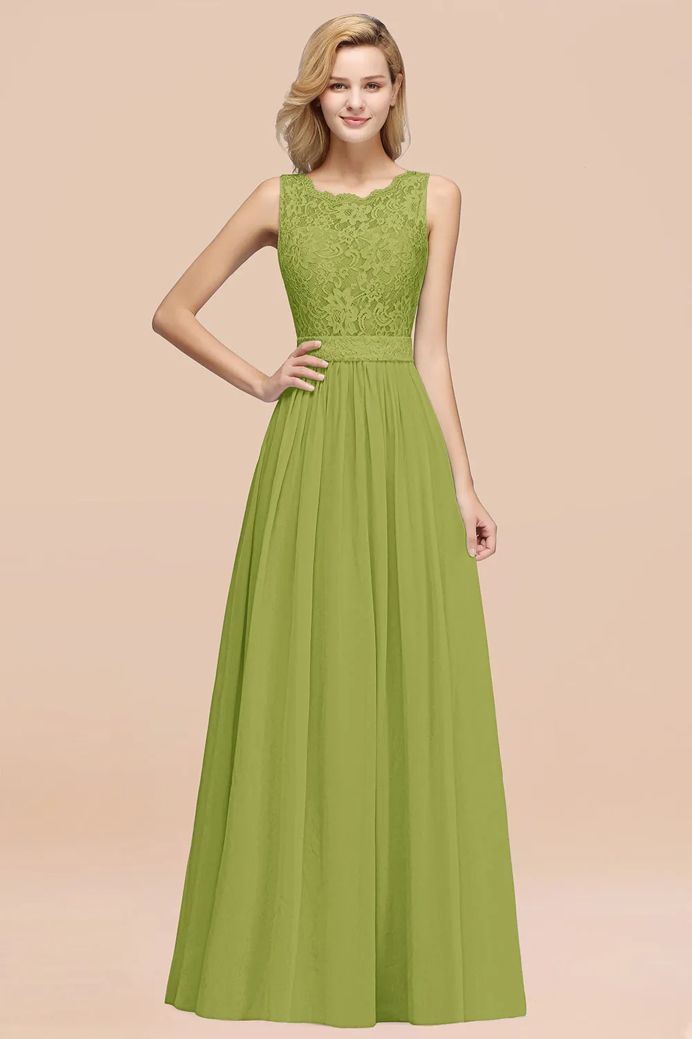 A-Line Lace Scalloped Chiffon Long Bridesmaid Dress with Ruffles