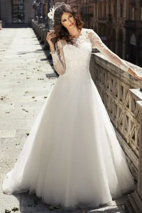 A-Line Maxi Appliqued Long-Sleeve Scoop-Neck Tulle&Lace Wedding Dress-MK_705413