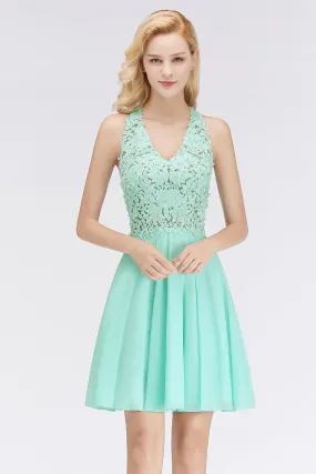 A-Line V-Neck Lace Sleeveless Short Bridesmaid Dress