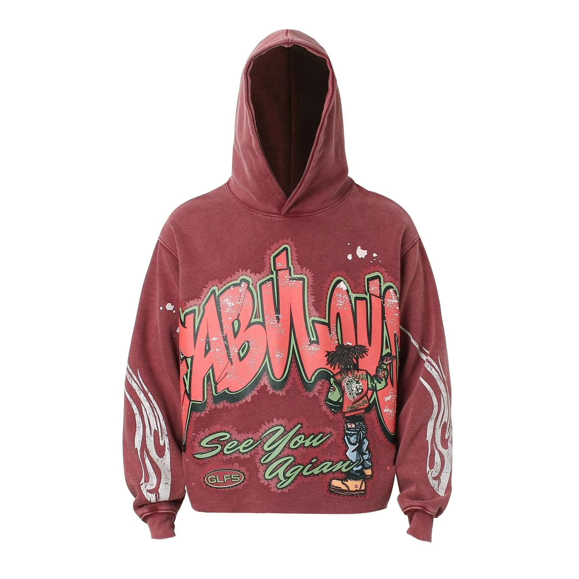 American Street Fashion Water-Washed Printed Hoodie