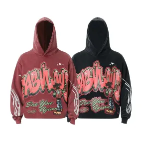 American Street Fashion Water-Washed Printed Hoodie