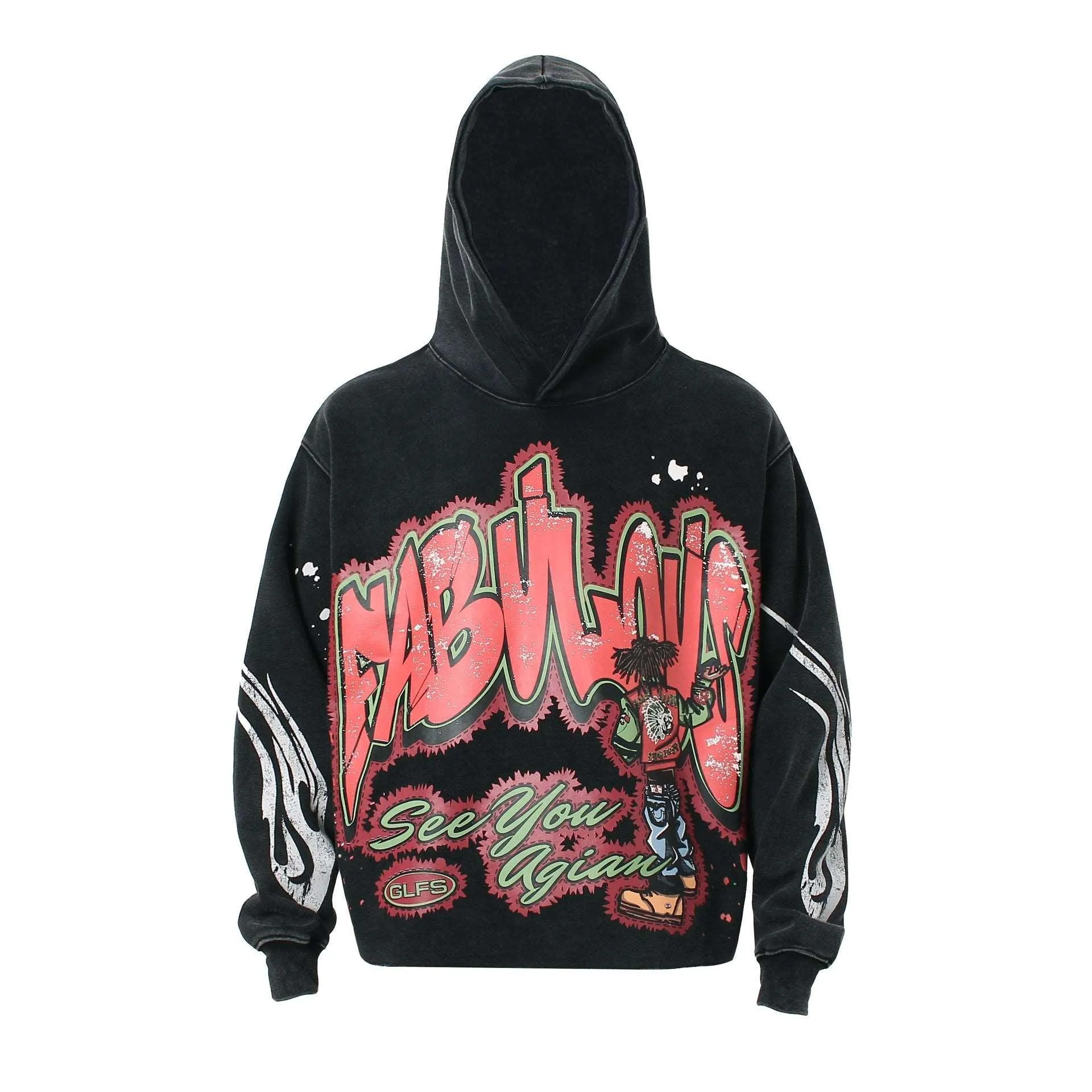 American Street Fashion Water-Washed Printed Hoodie