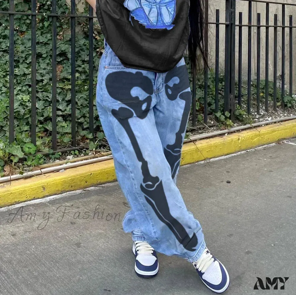 Amy Fashion - Personality Skull Print High Waist Straight Leg Slouchy American Street Y2K Jean