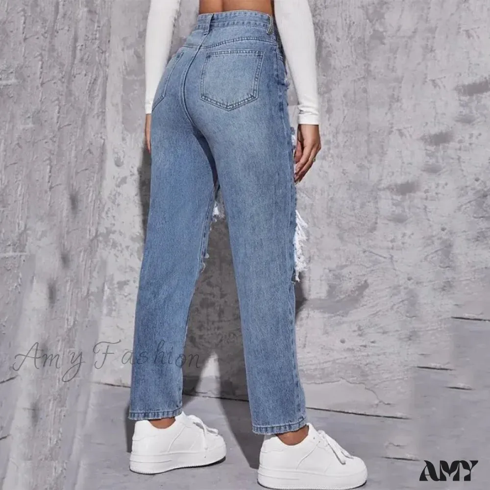 Amy Fashion - Ripped Straight Leg Women High Waist Loose Holes Casual High Streetwear Fashion Denim Jean