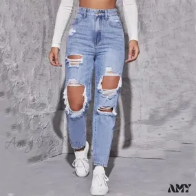 Amy Fashion - Ripped Straight Leg Women High Waist Loose Holes Casual High Streetwear Fashion Denim Jean