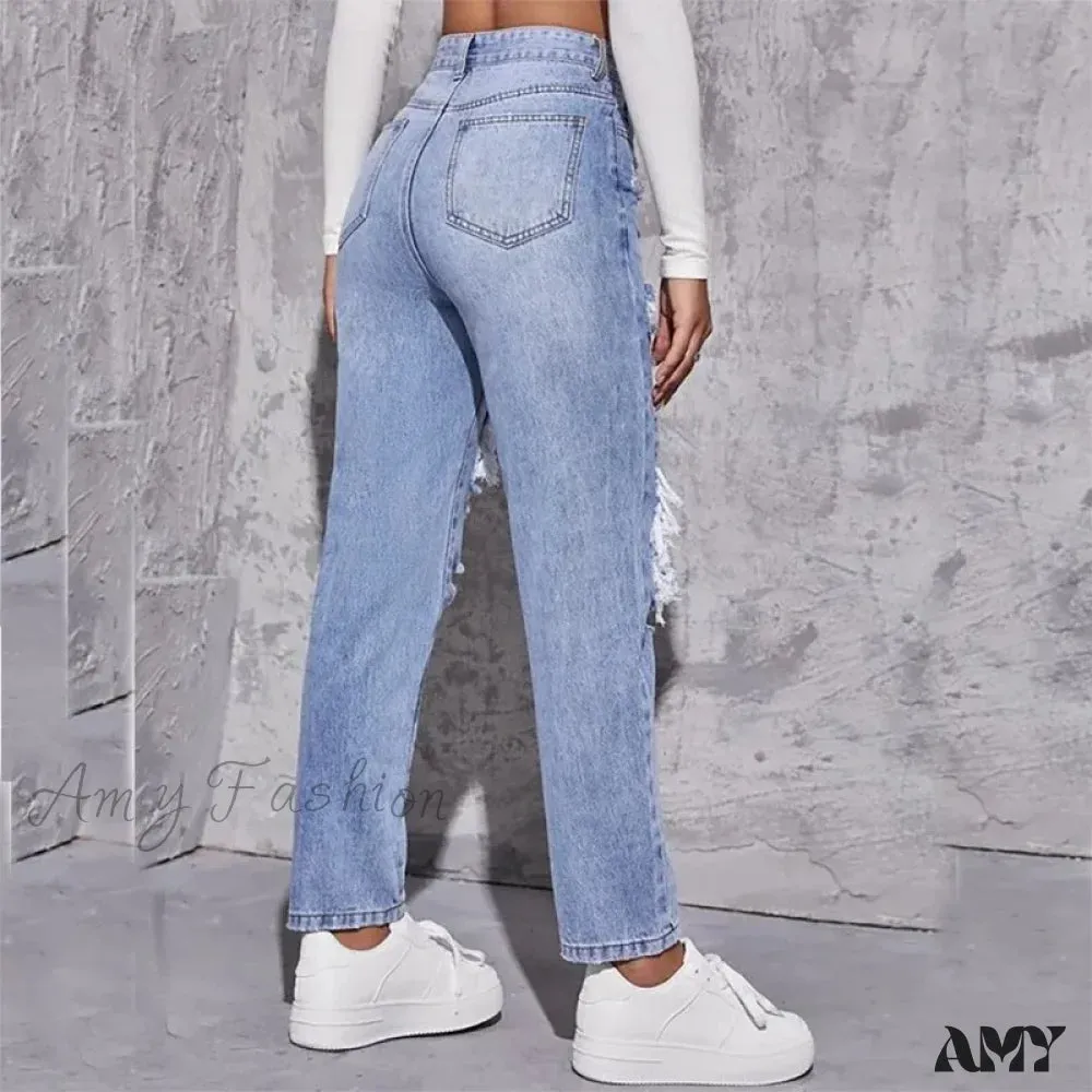 Amy Fashion - Ripped Straight Leg Women High Waist Loose Holes Casual High Streetwear Fashion Denim Jean