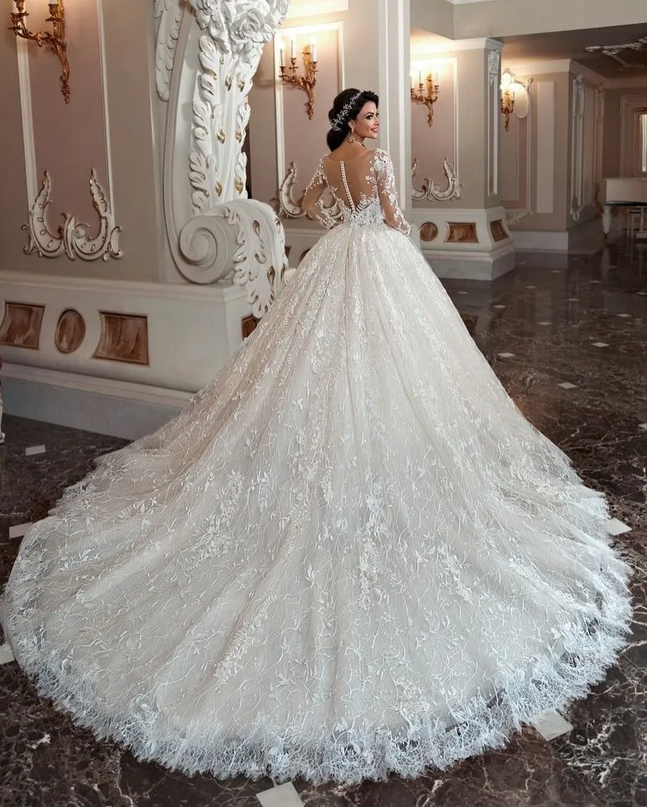 Attractive Long A-Line Bateau Beading Appliques Lace Train Wedding Dress with Sleeves