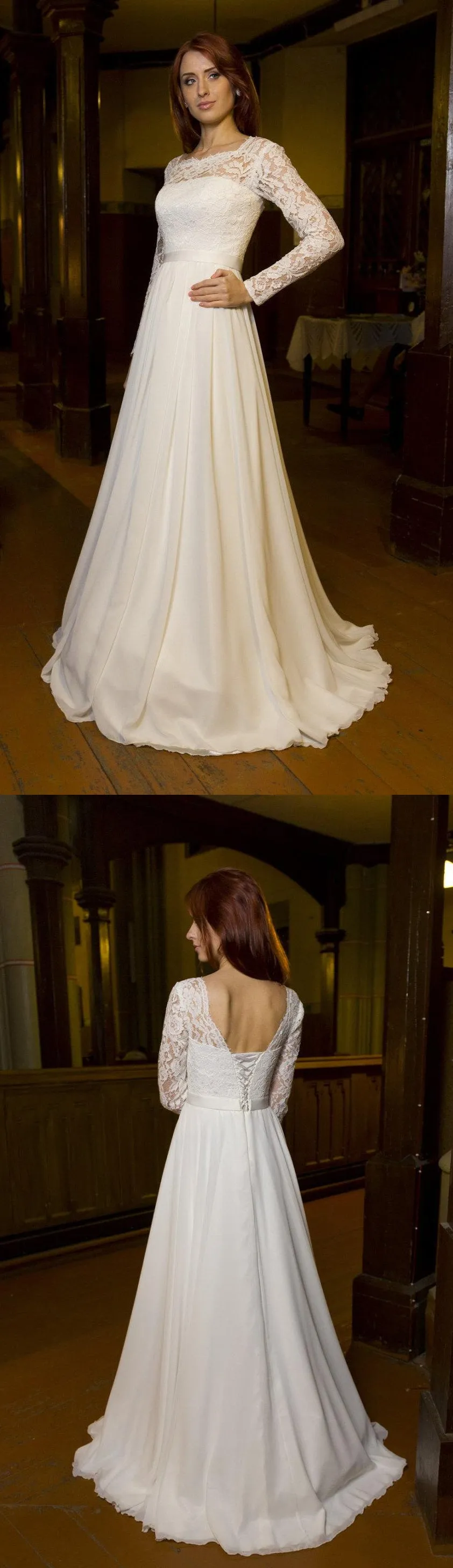 Bateau Neck Long Sleeve Chiffon Wedding Dress With V-Back Cutout-ET_711486