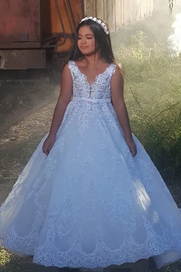 Beautiful Long A-line V-neck Spaghetti Straps Appliques Lace Flower Girl Dress