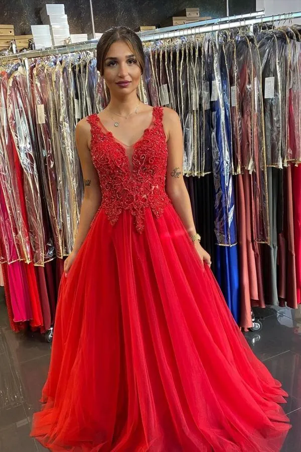 Beautiful Long A-line V-neck Tulle Open Back Prom Dress with Appliques Lace