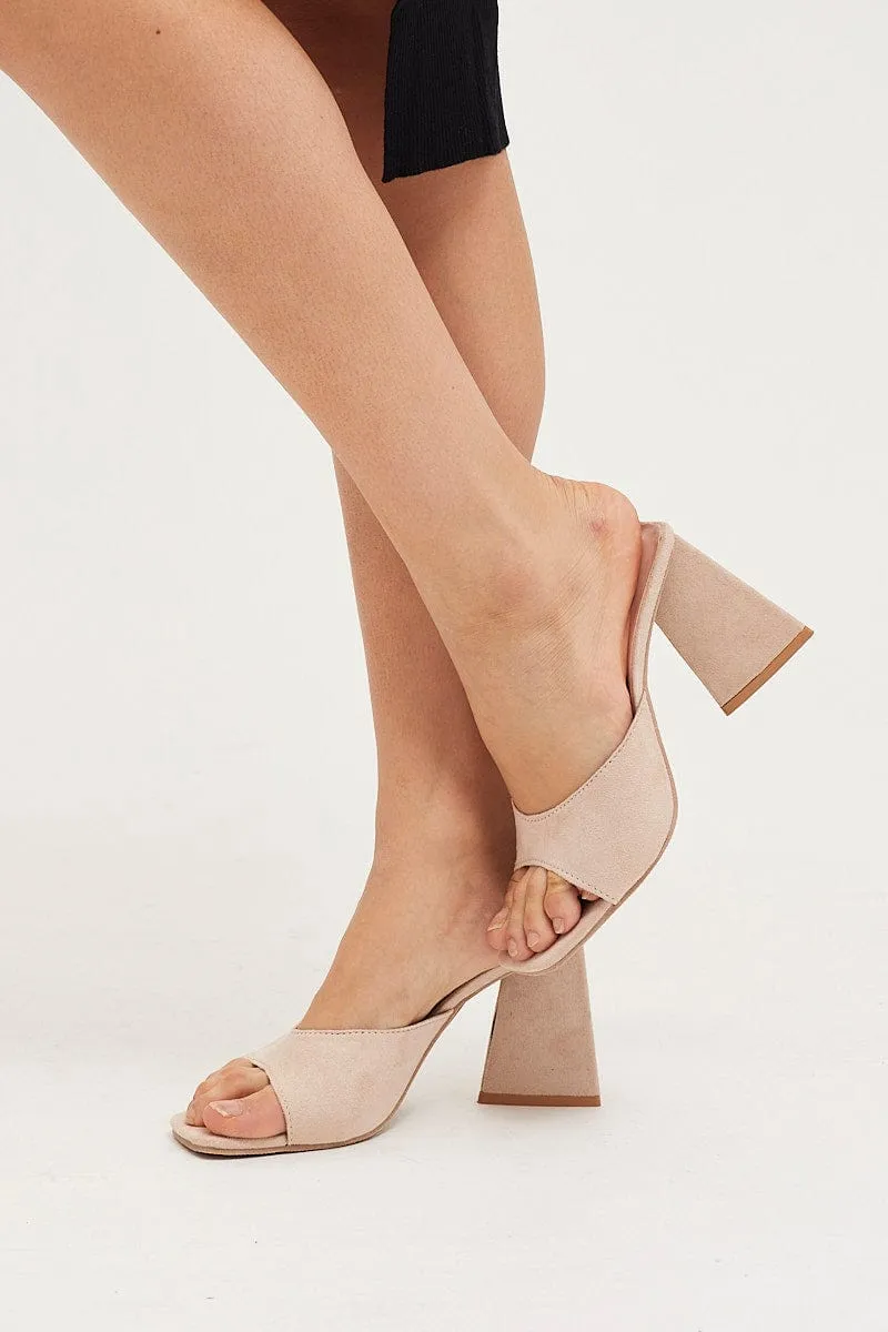 Beige Faux Suede Square Toe High Heeled Mule Sandal