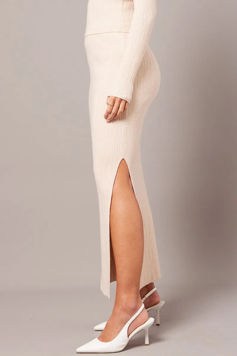 Beige Knit Skirt High Rise