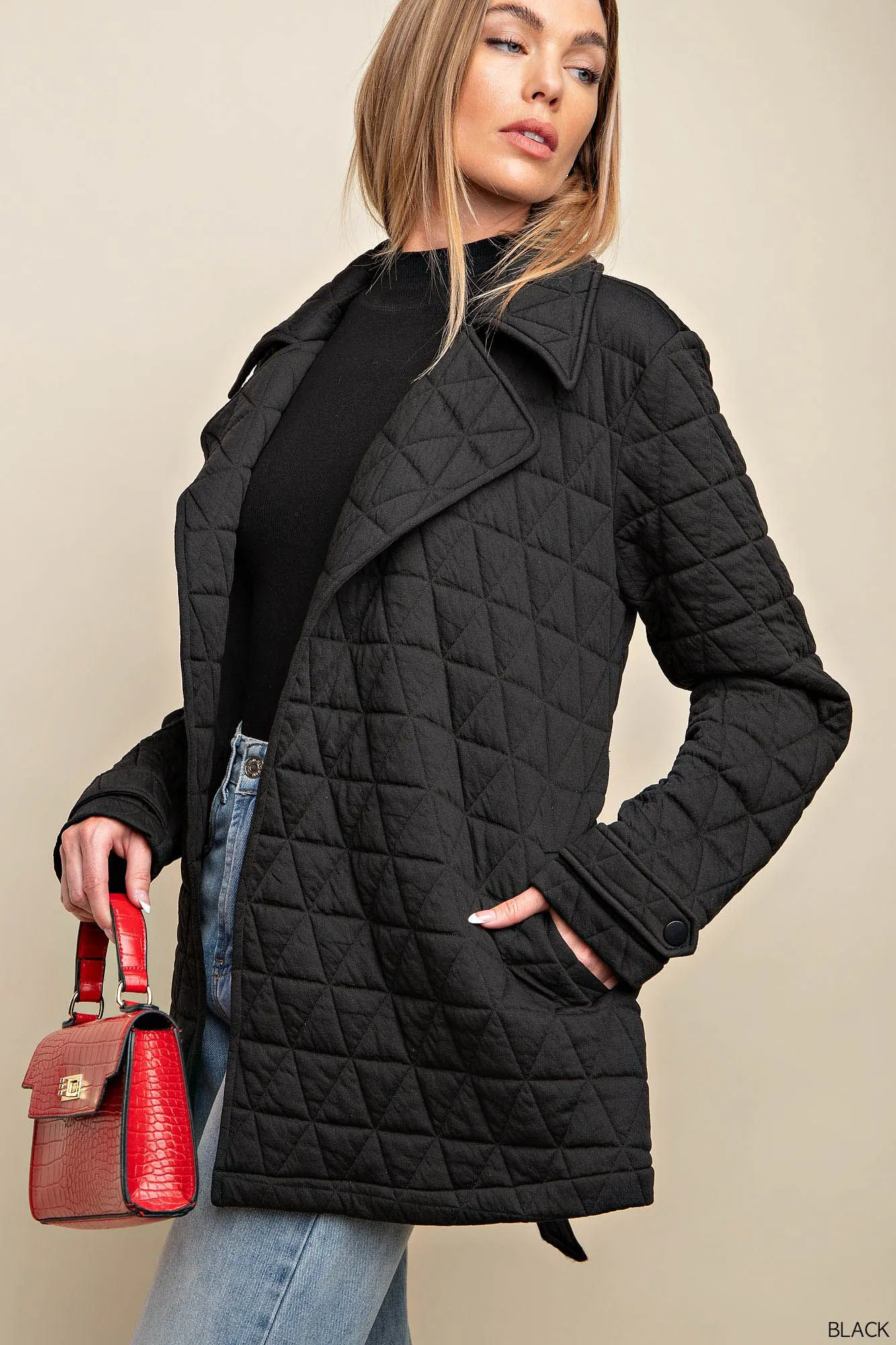 Belted quilt fabric jacket with side pockets