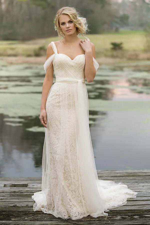 Best Long Sheath Lace Tulle Wedding Dress