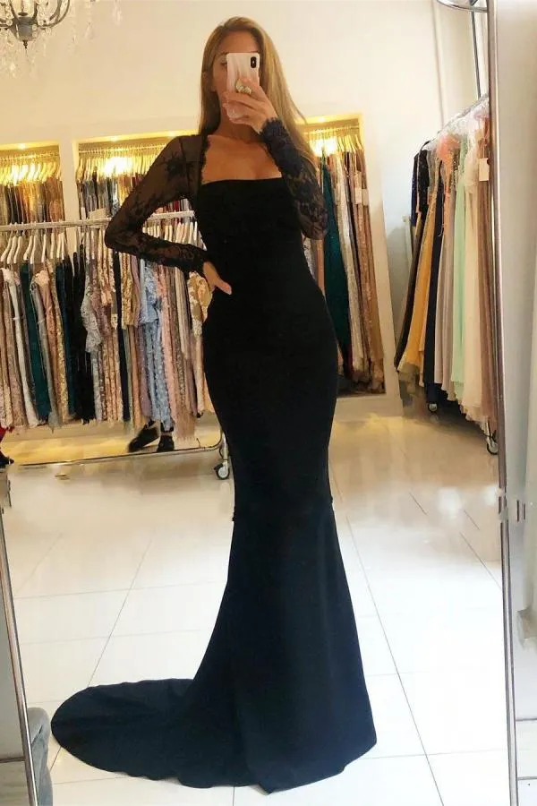 Black Long Mermaid Square Neckline Backless Prom Dress with Sleeves