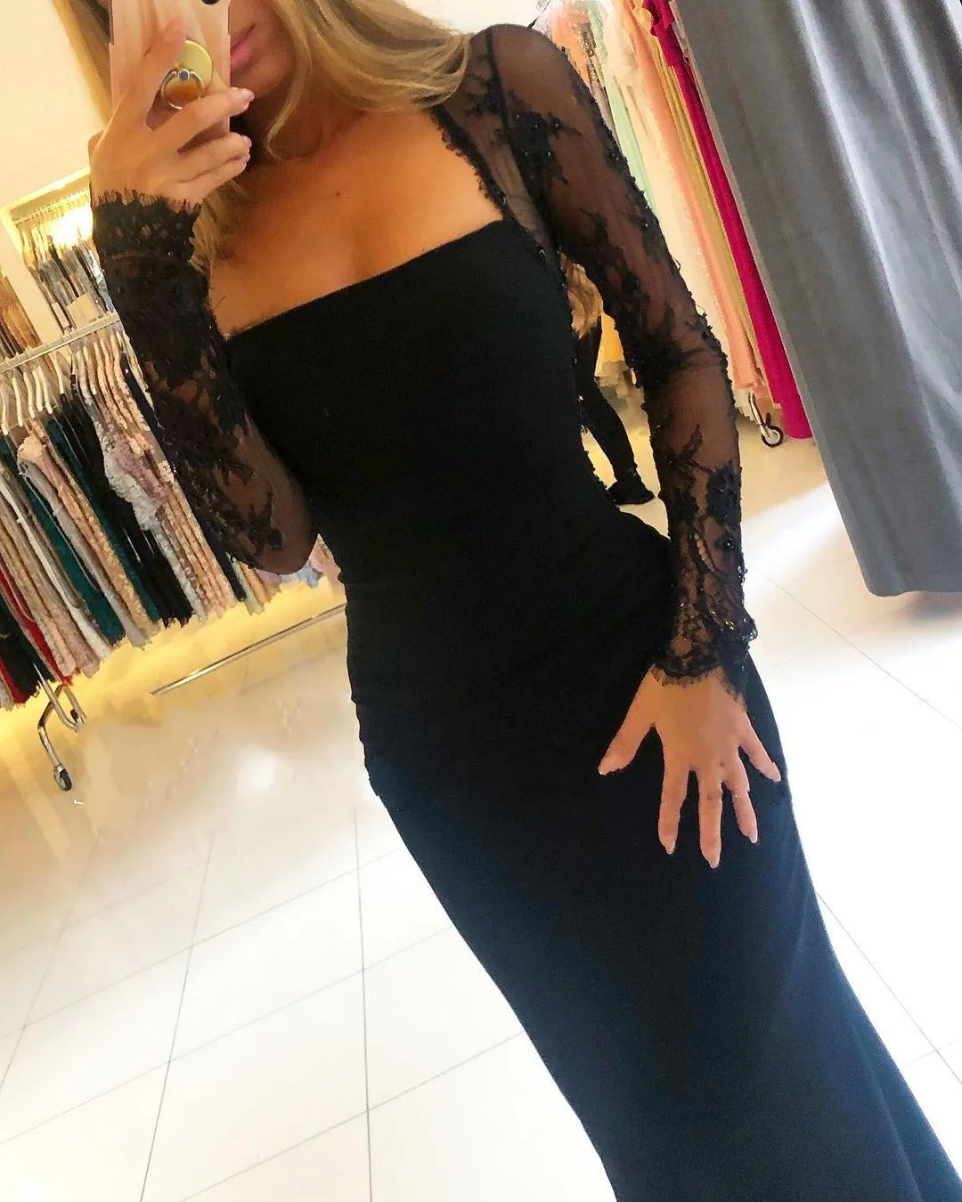 Black Long Mermaid Square Neckline Backless Prom Dress with Sleeves