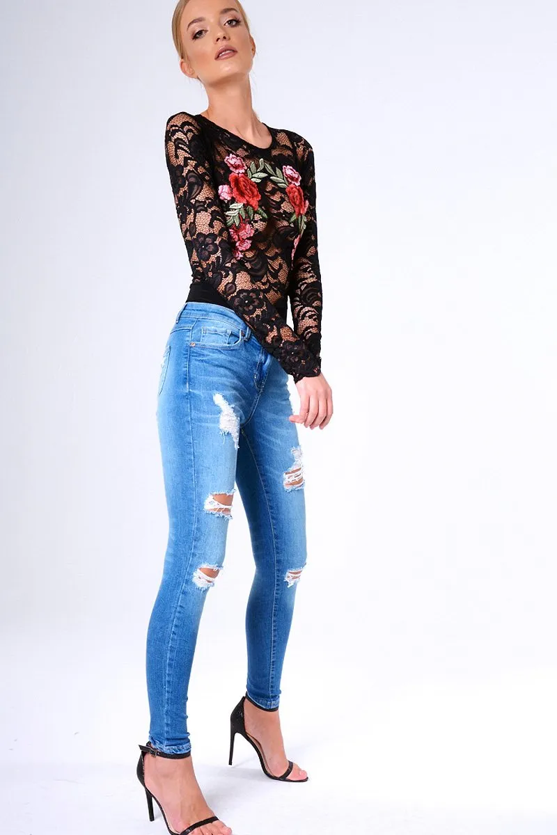 Black Long Sleeve Lace Embroidered Bodysuit - Karla