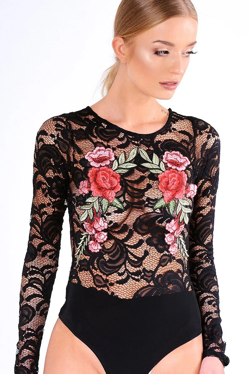 Black Long Sleeve Lace Embroidered Bodysuit - Karla