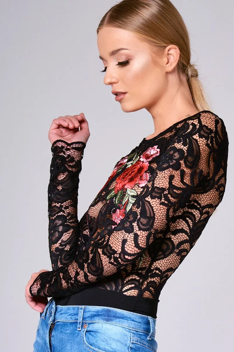 Black Long Sleeve Lace Embroidered Bodysuit - Karla