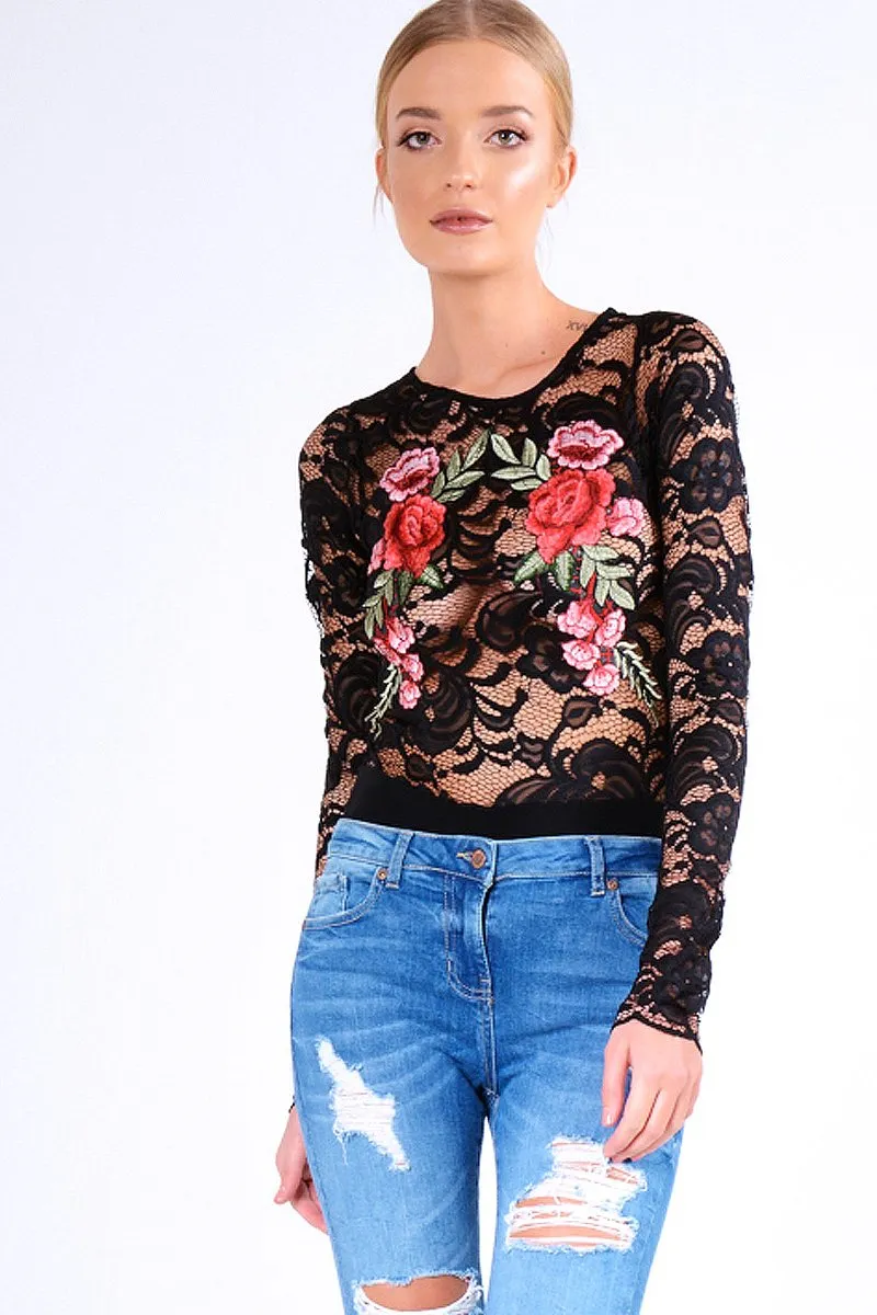 Black Long Sleeve Lace Embroidered Bodysuit - Karla