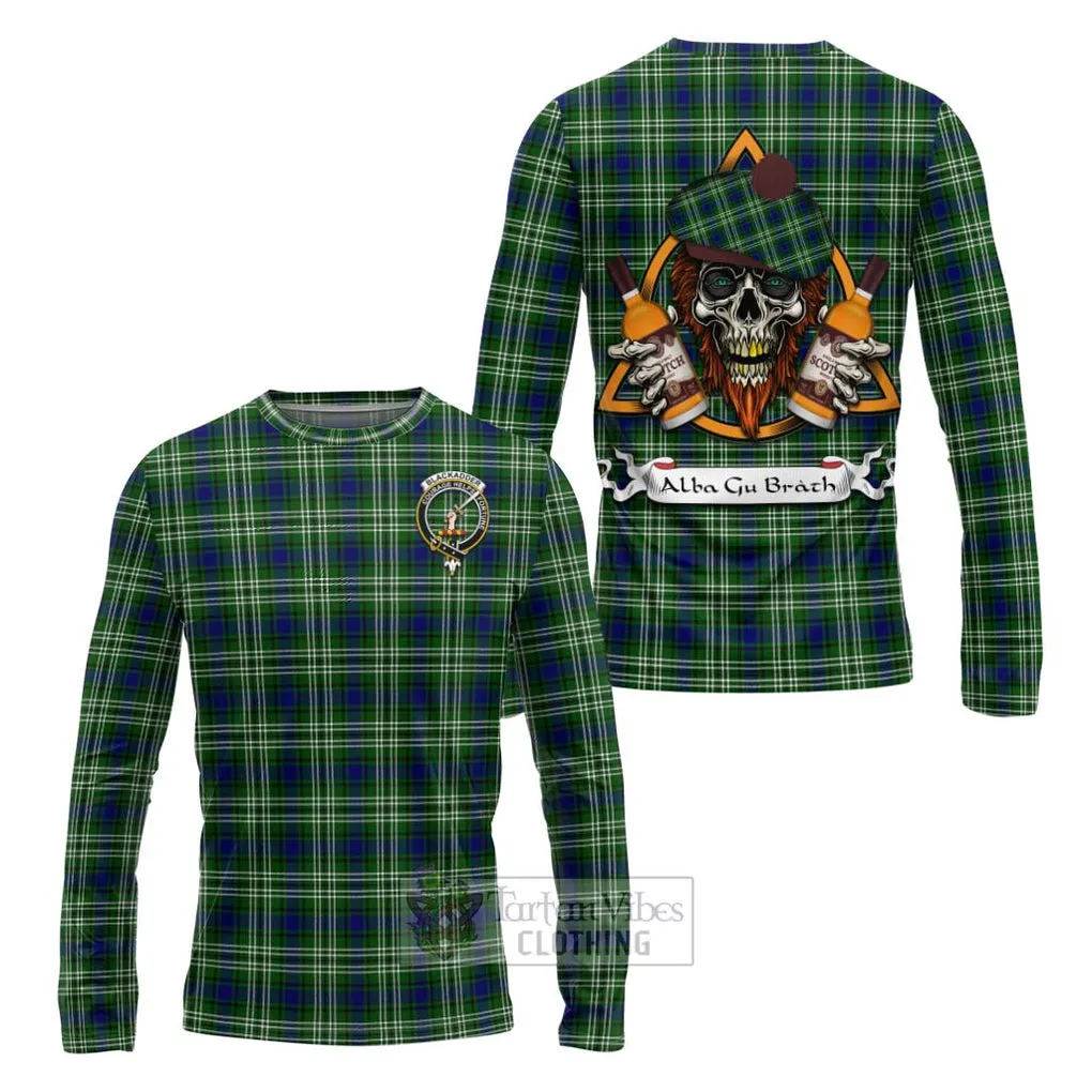 Blackadder Tartan Long Sleeve T-Shirt with Family Crest and Bearded Skull Holding Bottles of Whiskey