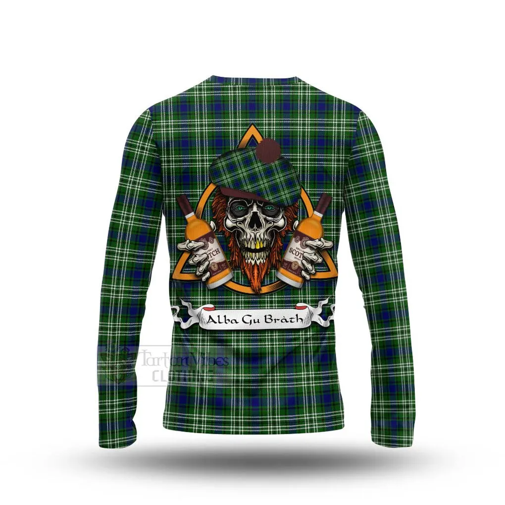 Blackadder Tartan Long Sleeve T-Shirt with Family Crest and Bearded Skull Holding Bottles of Whiskey