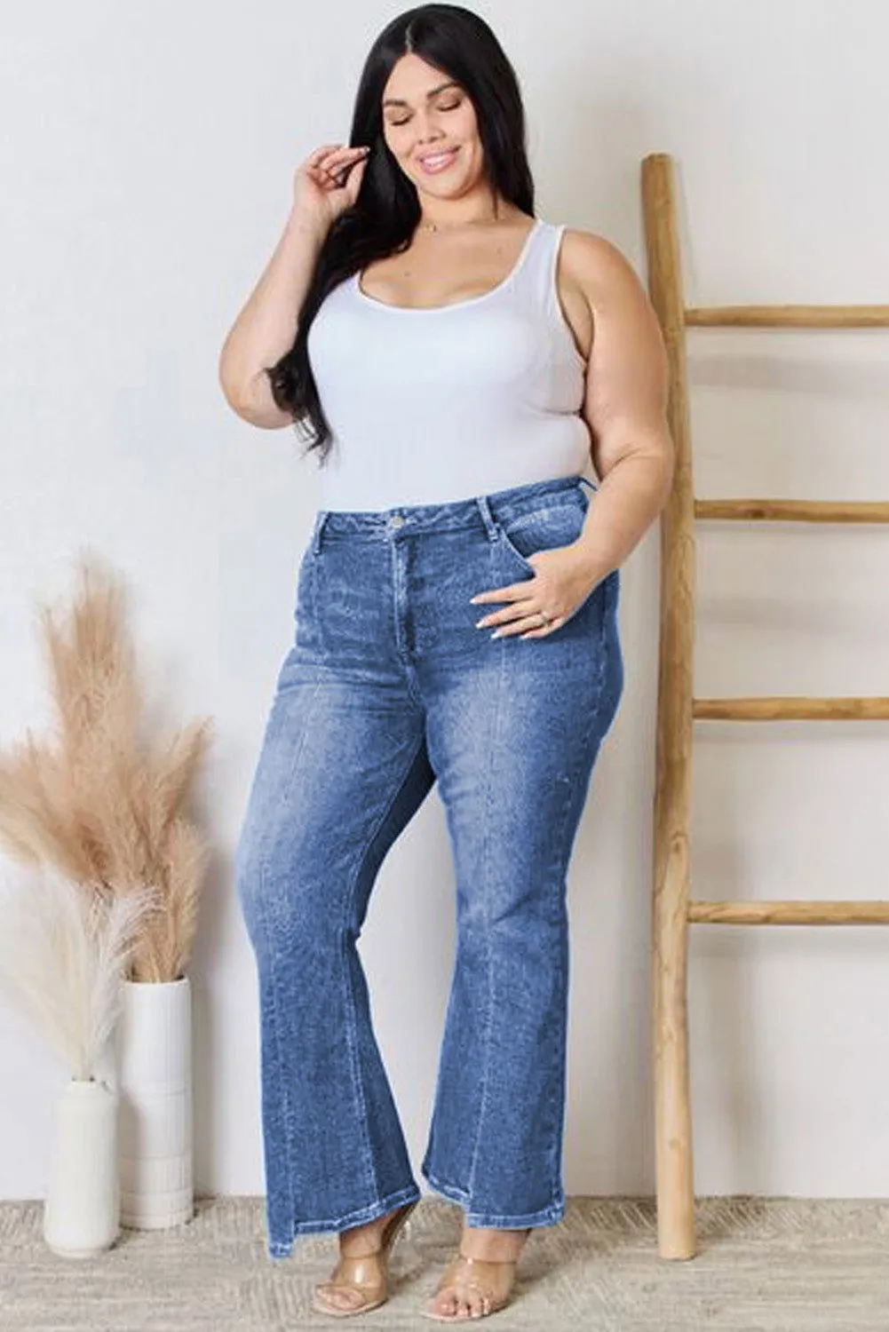 Blue Plus Size Exposed Seam High Waist Flare Jeans – Stylish Fit