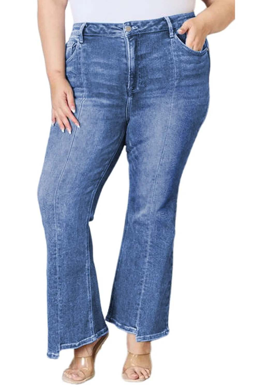 Blue Plus Size Exposed Seam High Waist Flare Jeans – Stylish Fit