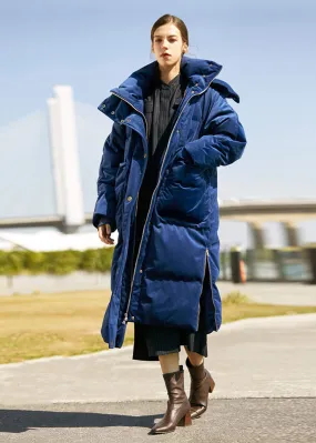 Blue Velvet Hooded Long Down Puffer Parka Coat