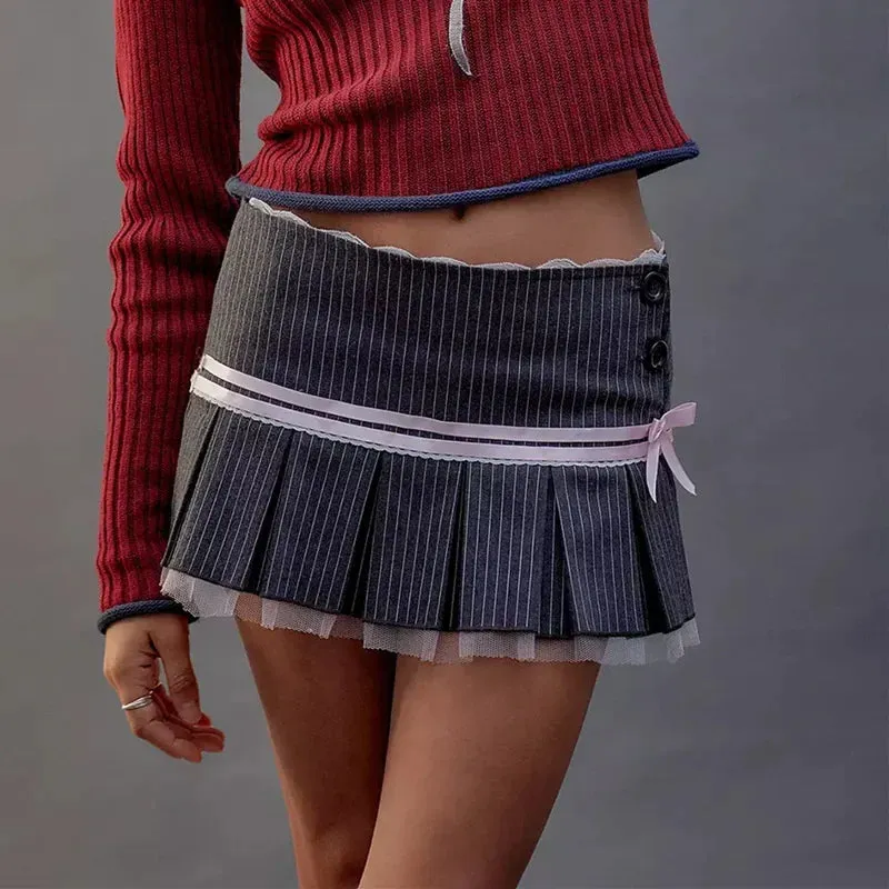 Bow Winter Splice Bandage Casual Folds Hot Fashion Mini Lace Skirt