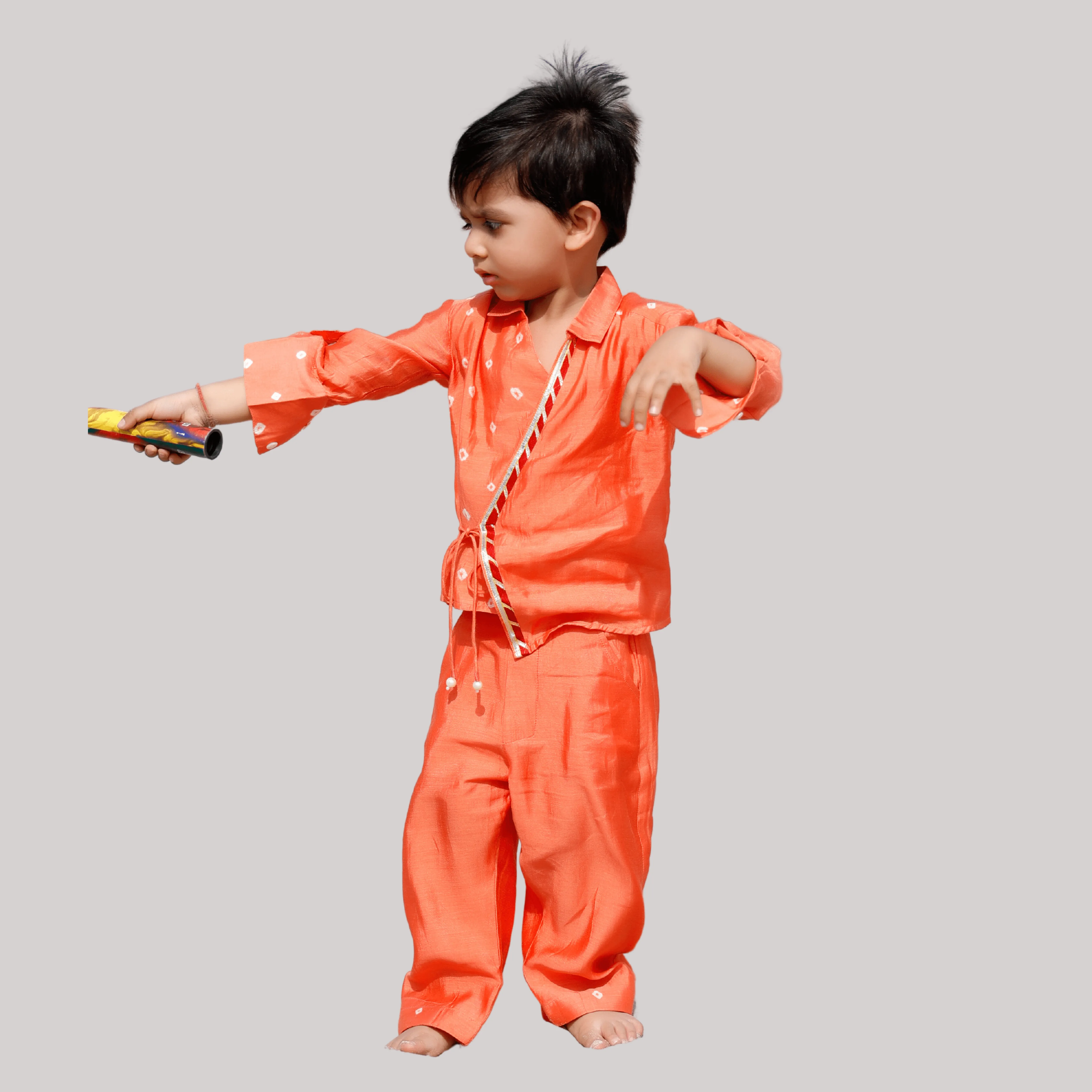 Boys Ethnic Angrakha  Style Kurta Pajama Set  - Orange