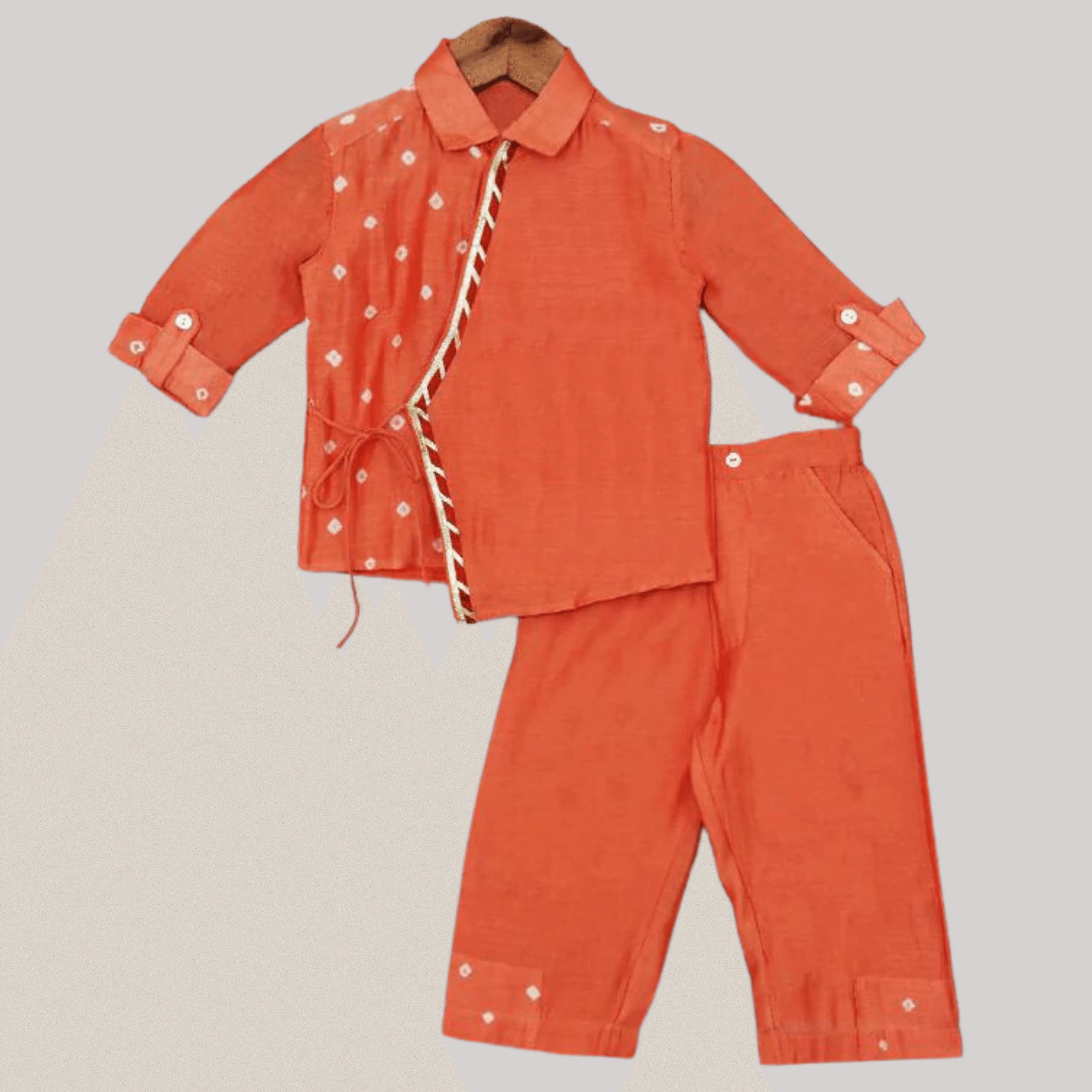 Boys Ethnic Angrakha  Style Kurta Pajama Set  - Orange