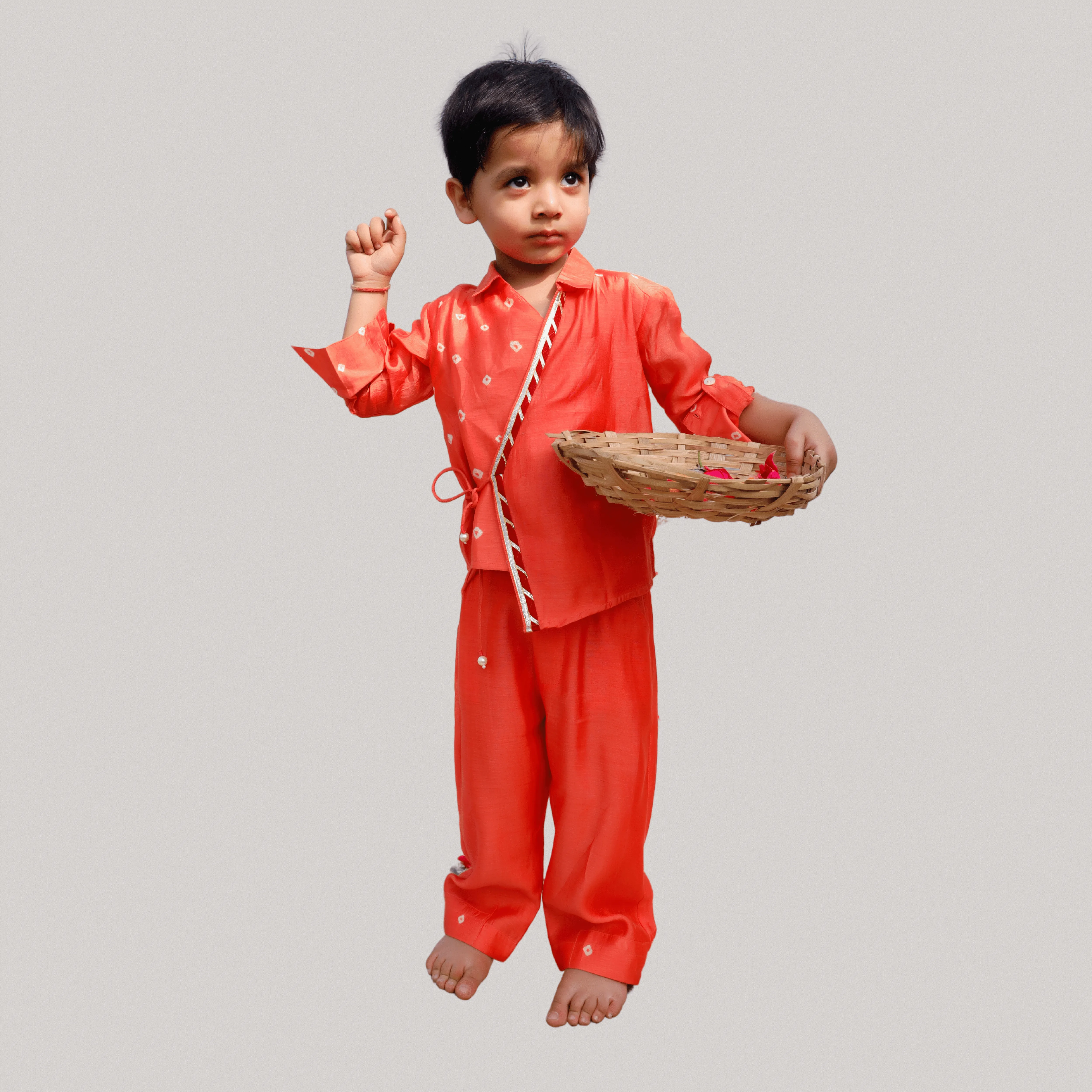 Boys Ethnic Angrakha  Style Kurta Pajama Set  - Orange