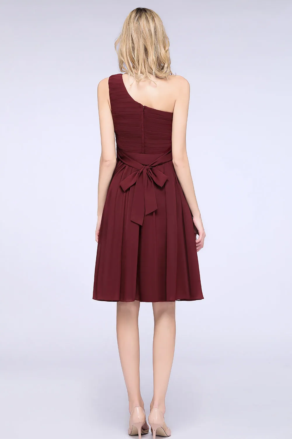 Burgundy A-Line Chiffon One Shoulder Short Bridesmaid Dress with Ruffles