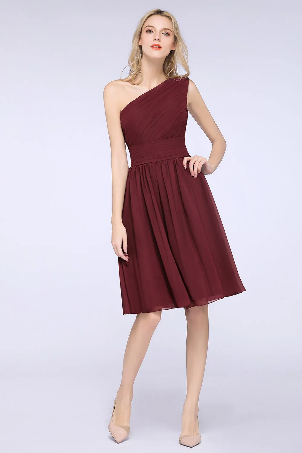 Burgundy A-Line Chiffon One Shoulder Short Bridesmaid Dress with Ruffles