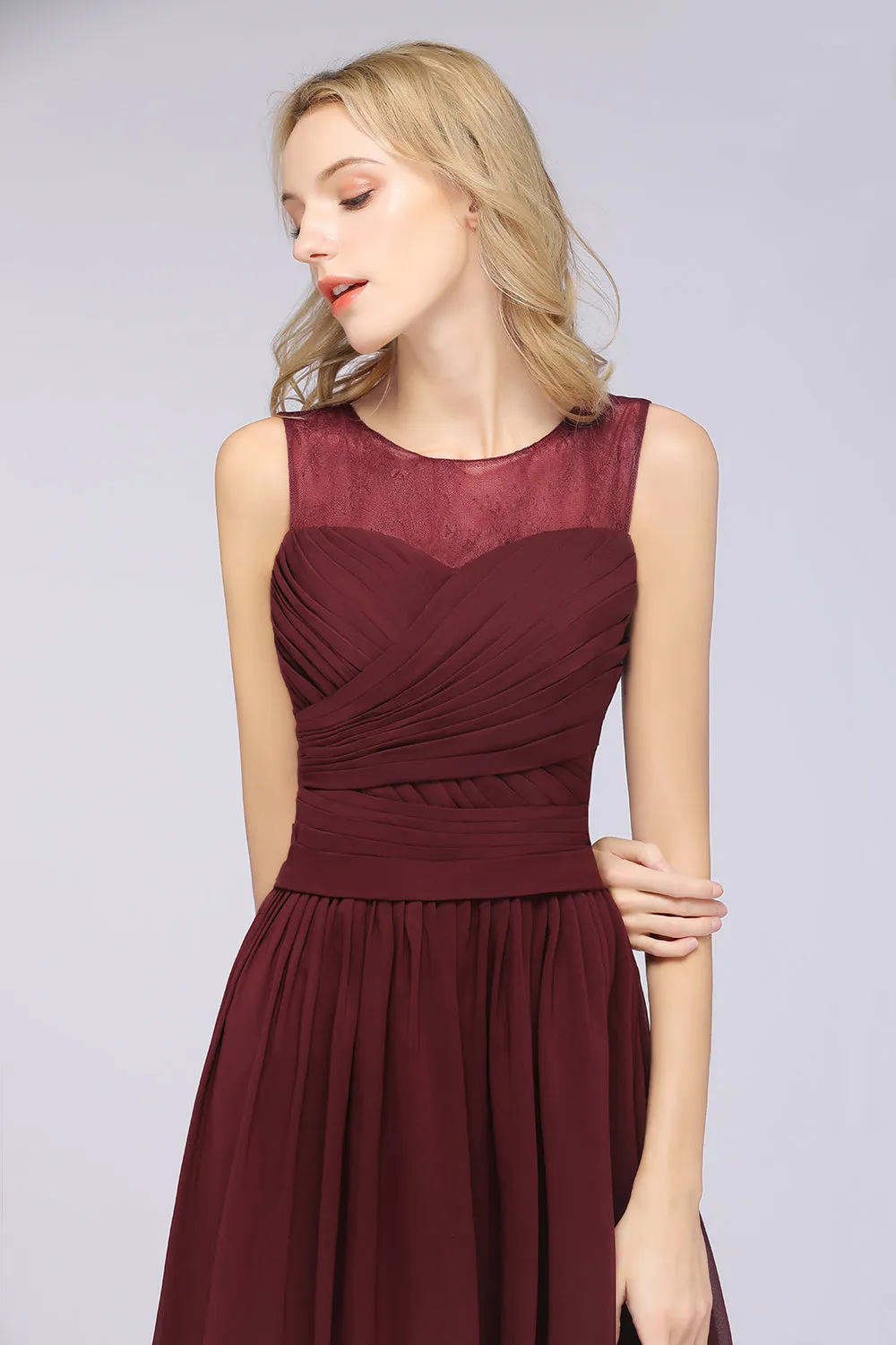 Burgundy Long A-Line Chiffon Tulle Lace Bridesmaid Dress with Ruffle