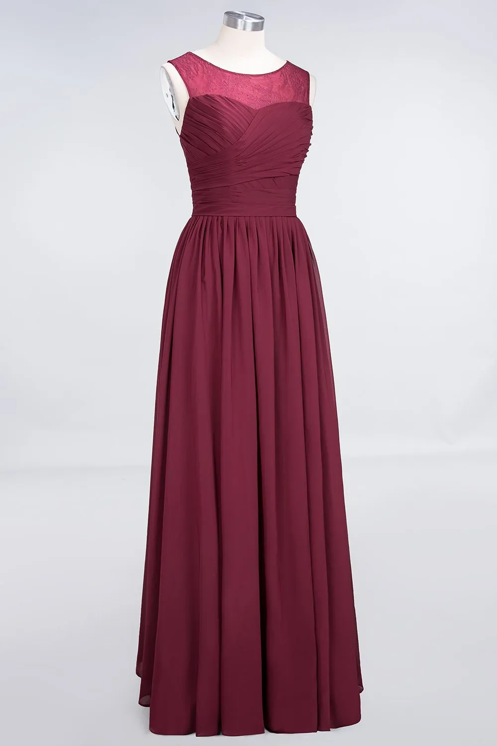 Burgundy Long A-Line Chiffon Tulle Lace Bridesmaid Dress with Ruffle