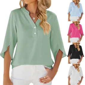 Button V-neck Mid-sleeve Chiffon Shirt For Women Solid Color Top