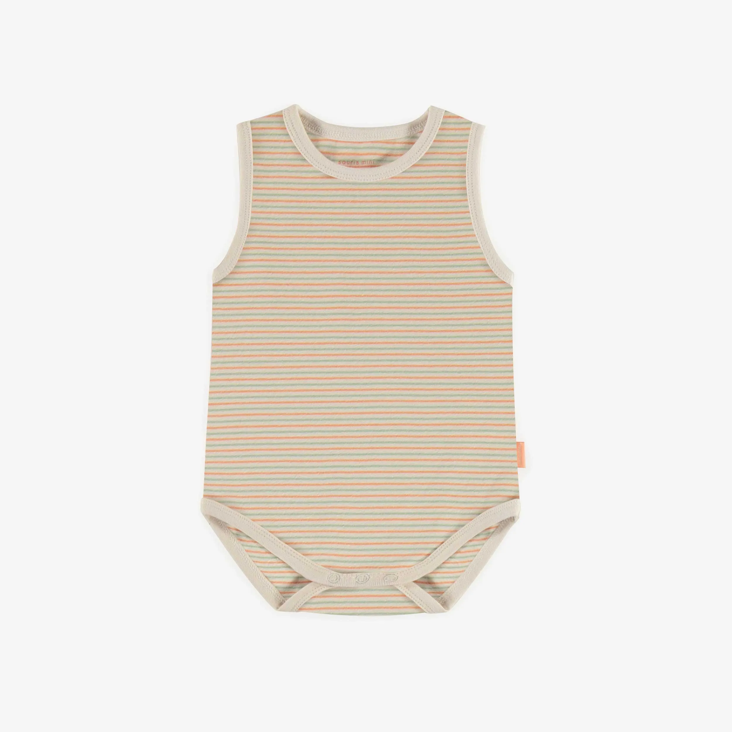 Cache-couche camisole rayé orange et vert en jersey extensible, bébé || Orange and green striped bodysuit with straps in stretch jersey, baby