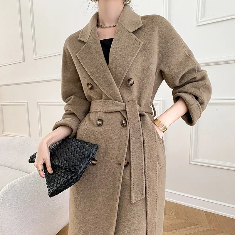 Cashmere Double-Sided Wool Long Coat Quality Thick Winter Coat for Women with Belt