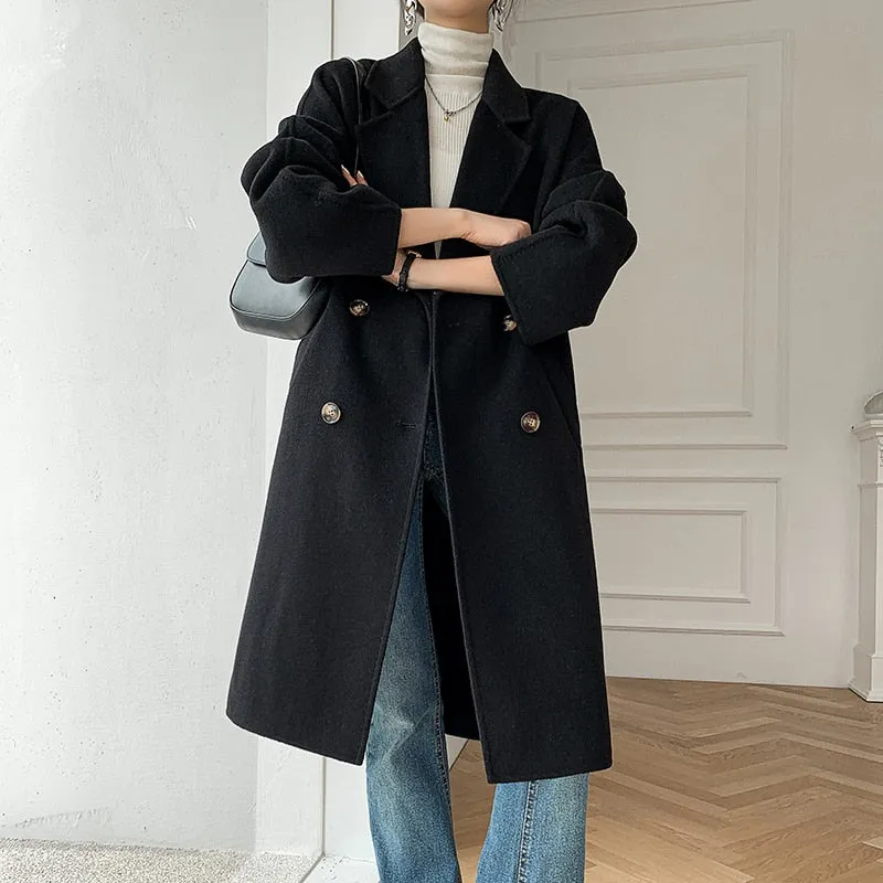 Cashmere Double-Sided Wool Long Coat Quality Thick Winter Coat for Women with Belt